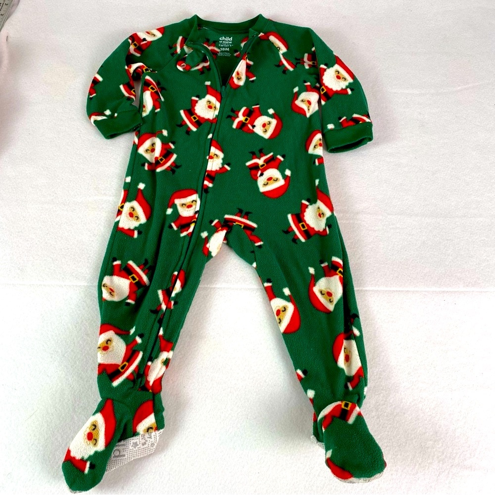 Carter's Green Christmas Santa Pajamas One piece Footie Full Zip Fleece Sz 18 mo
